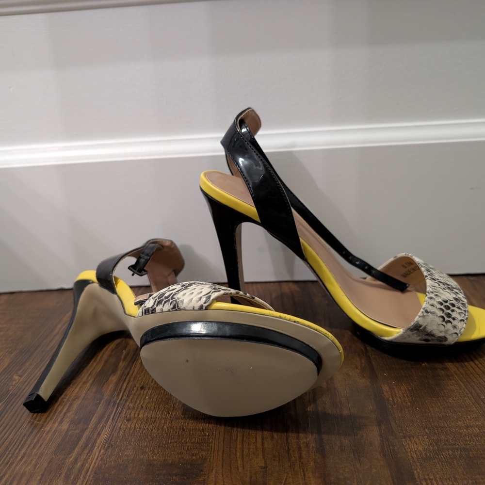 JustFab Black and Yellow Snakeskin Accent High Heel Sandals